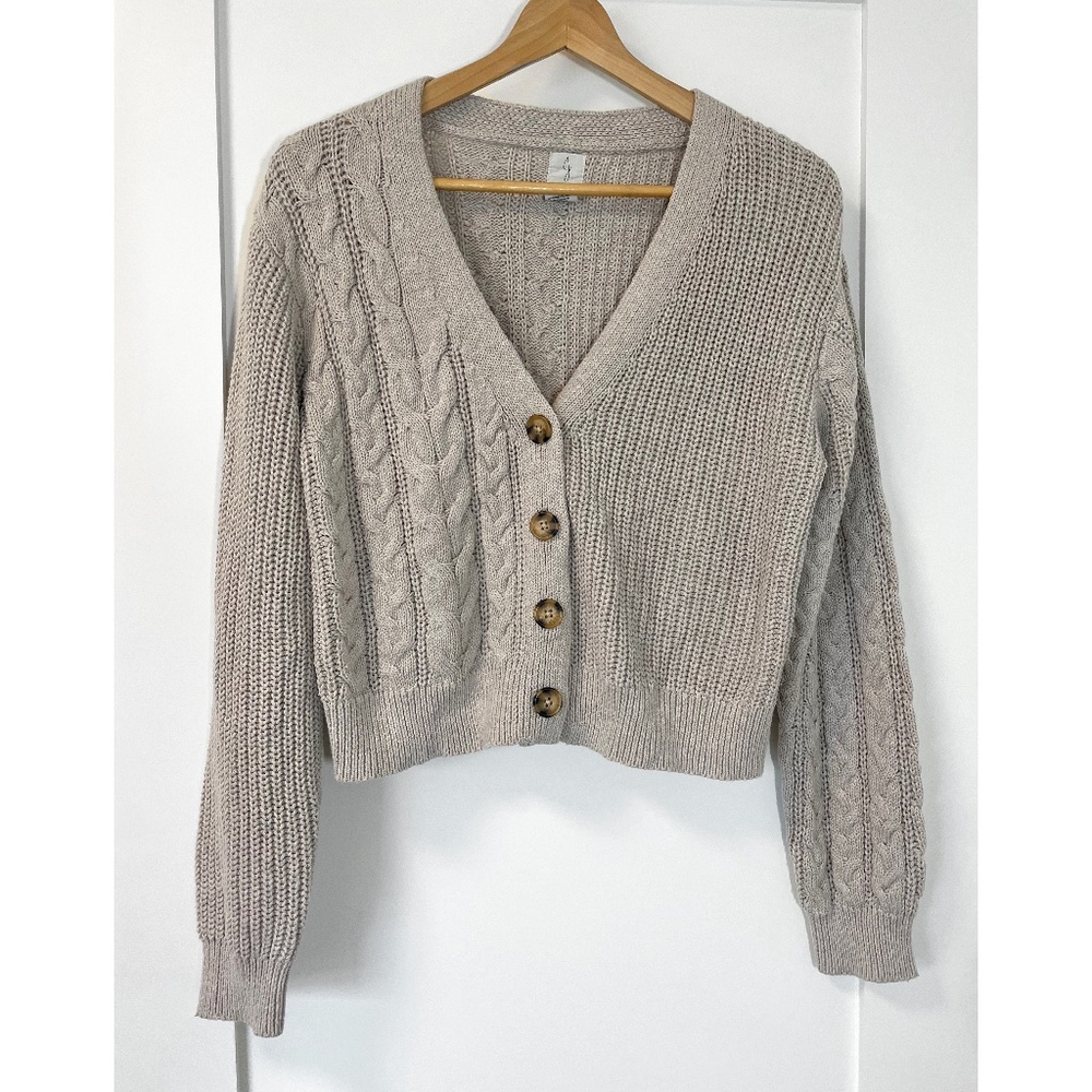 Joie Button Up Cropped Cardigan Cable Knit Oatmeal Cotton Blend